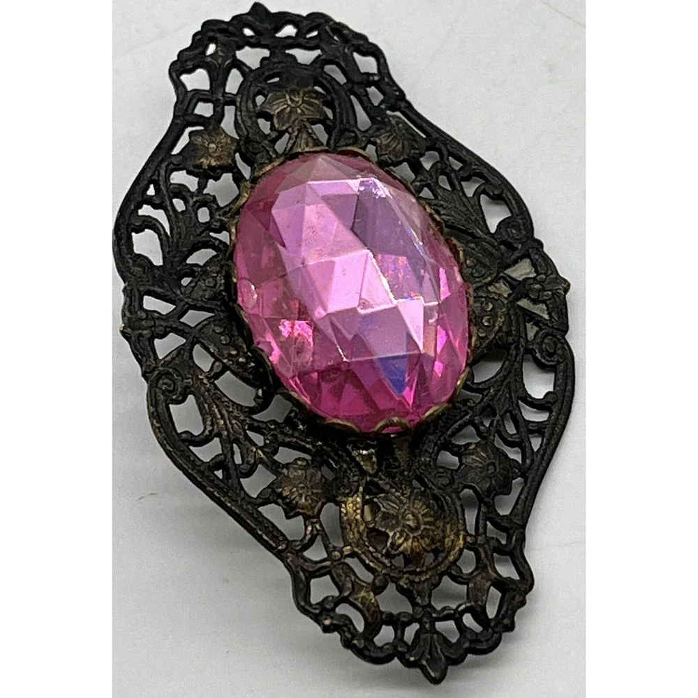 Old Metal Brooch Pin with Pink Glass Gem Brooch Is 3” X 2” , Gem Is 1” Long - Picture 4 of 10